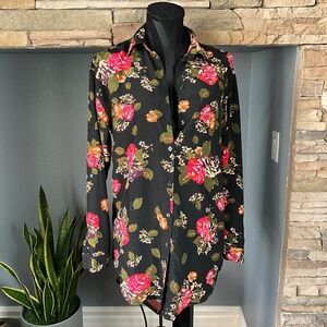 H & M Oversized Cottagecore Dark Floral Blouse Romantic Fall Office Black Pink 4